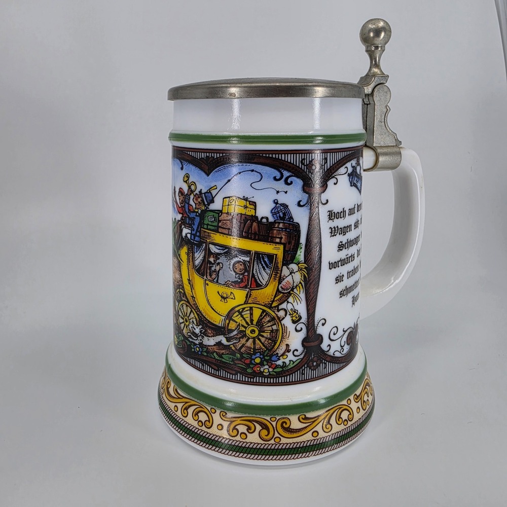 Vintage German BMF Bierseidel Milk Glass Beer Stein with Pewter Lid Porcelain